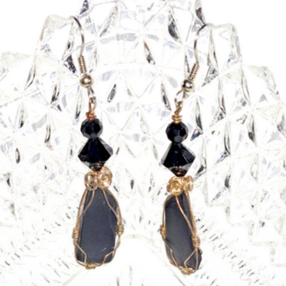 Handmade Black Faceted Bead with Teardrop Stone Silver Drop Earrings 2.5" x.5"